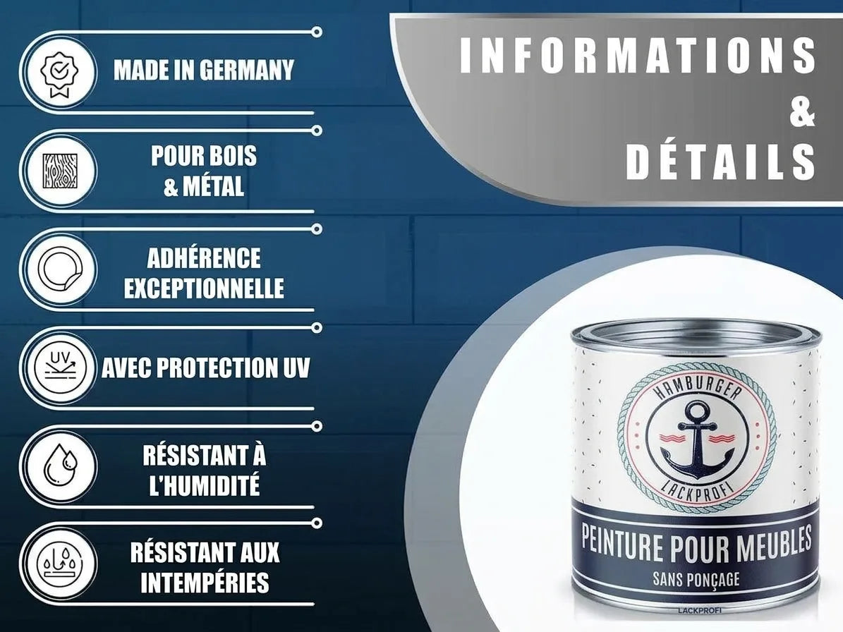 Pot de peinture meuble "Hamburger Lackprofi" et ses caractéristiques: Made in Germany, pour bois, métal, UV, humidité, intempéries.