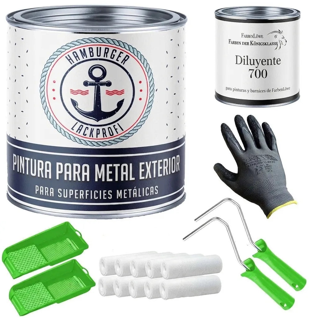 Kit de pintura: lata grande de pintura protectora de metal, diluyente, rodillos, bandejas y guante de seguridad.
