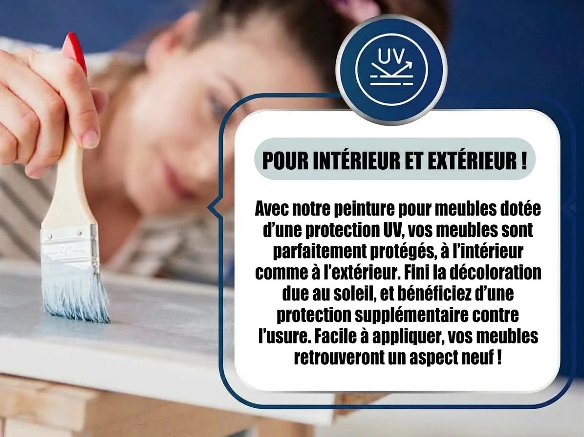 Femme peignant un meuble avec une peinture anti-UV, usage intérieur/extérieur, protège de la décoloration.