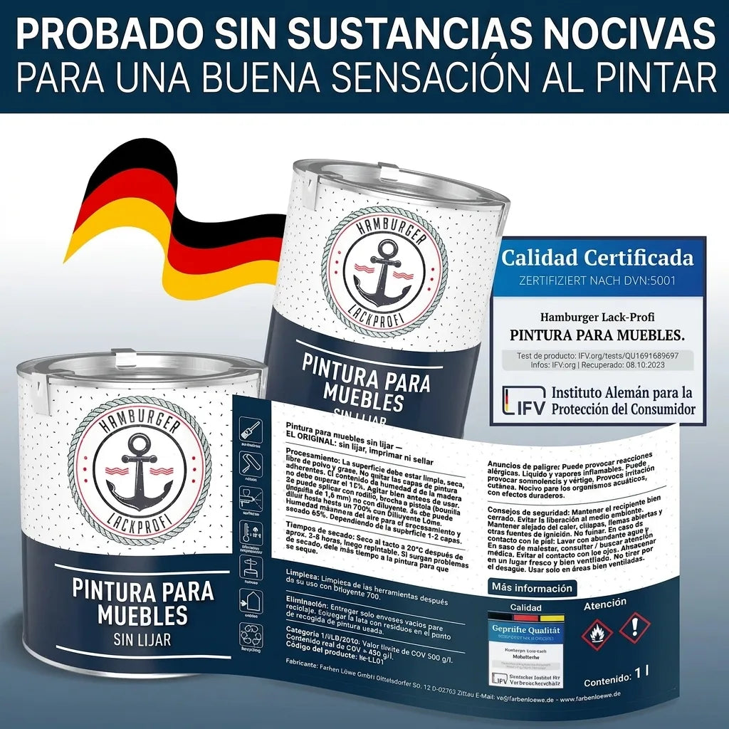 Latas de pintura para muebles sin lijar Hamburger Lack-Profi, con bandera alemana. Certificado de calidad y libre de contaminantes.